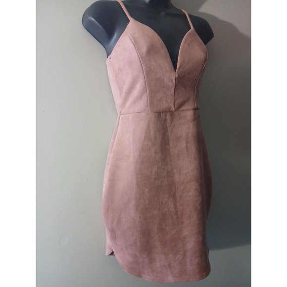 Deb Dresses & Skirts - Faux Suede Bodycon Mini Dress Deep V-Neck Spaghetti‎ Strap Dusty Rose Pink